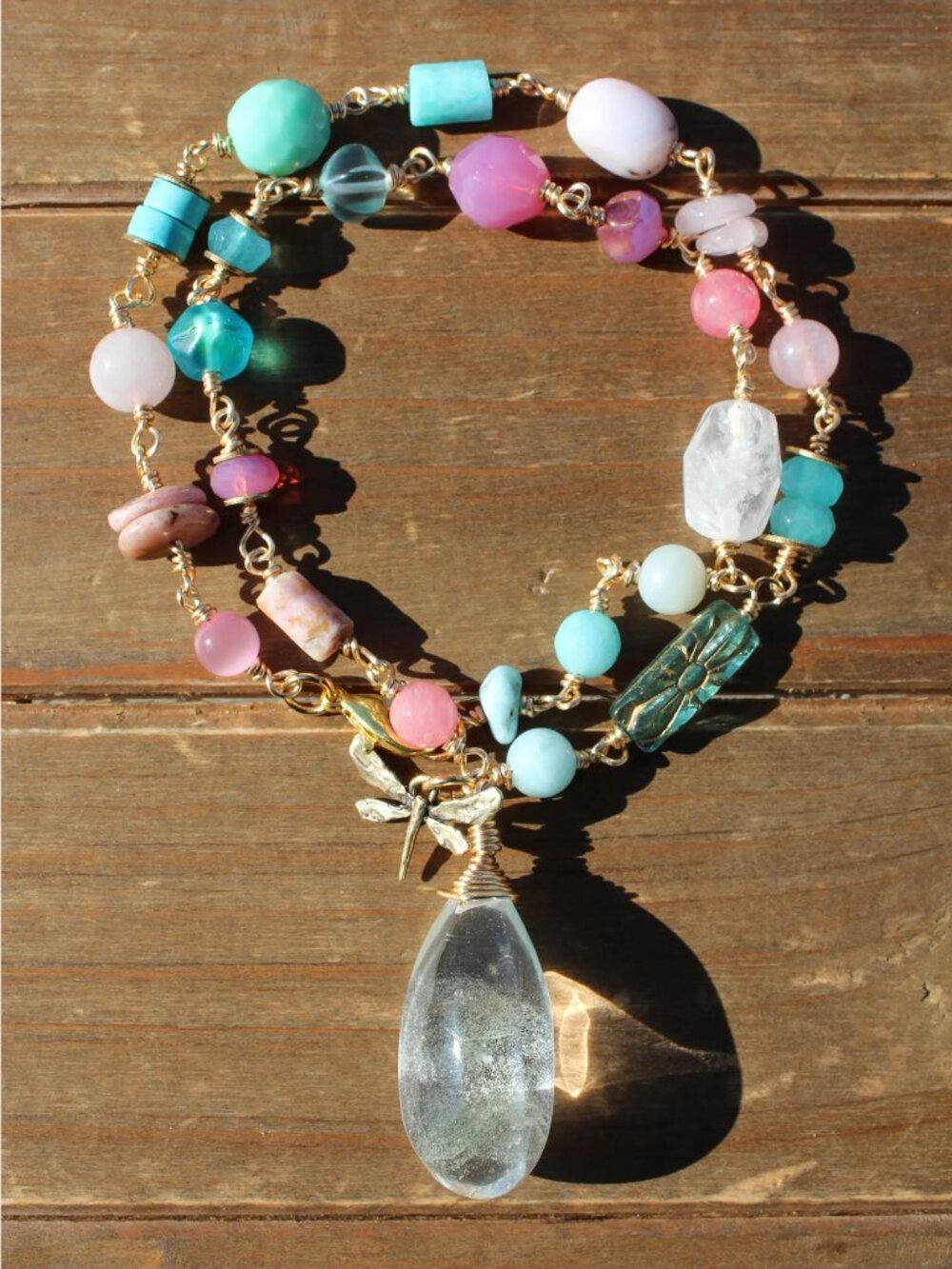 Quartz Crystal Dragonfly Multi Gemstone Necklace